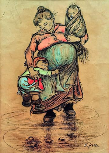 Kunstdruck/Poster: Heinrich Zille Mutter mit zwei Kindern - hochwertiger Druck, Bild, Kunstposter, 70x100 cm