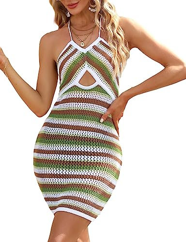 chuangminghangqi Abito da Spiaggia con Crochet Estivo Boho Strisce Bikini Cover Up Ritagli Senza Maniche Costume Donna Curvy Elegante Abito a Contrasto di Colori Sexy Copricostume Mare(Verde,L)