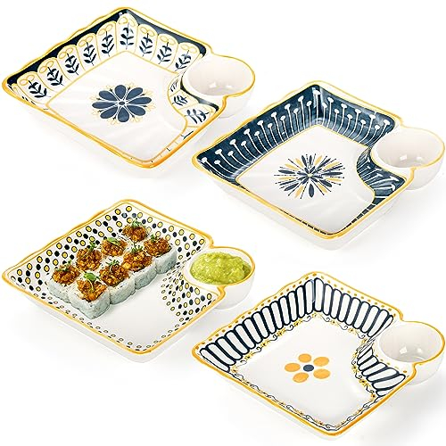 Noamus Dumpling Plate with Dipping Saucer, Japanese Sushi Plate, Colorful Square Serving Plate with Bowl for Home, Kitchen, Snack, Dessert, Salad, Chips, Fruit, Gyoza, 4 Pack