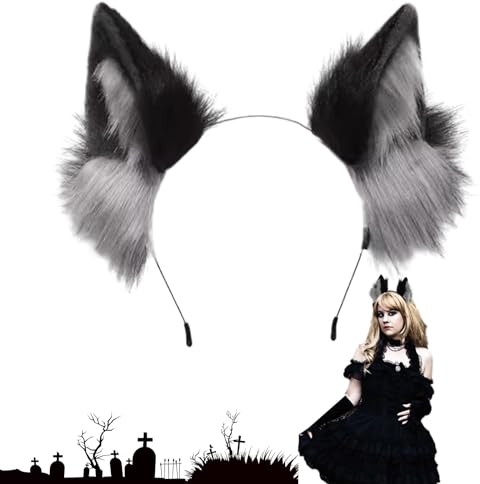 Sipiris Handgemachte Wolf Fuchs Ohren Haarnadel Haarschmuck Wolf Schwanz Dekoration Halloween Weihnachten Kostüm Anime Cosplay(Wolf Schwarz Grau)