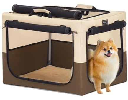 Petsfit Faltbare Hundebox für kleine Hunde Hundetransportbox tragbares Transportbox Katzenbox Auto Stoff für große mittlere kleine Hunde mit Plüsch-Kissen (S,Kaffee)