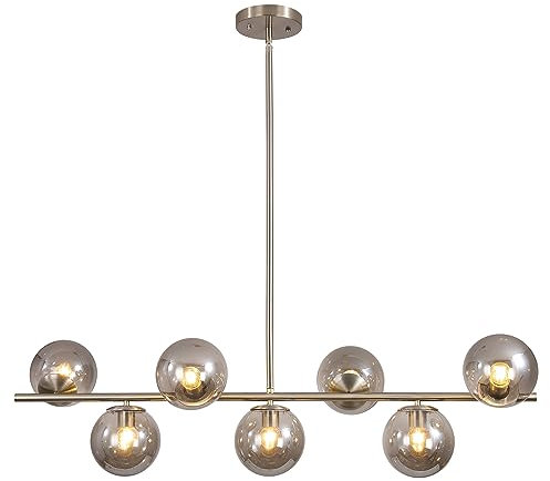 KCO Lighting - Lámpara de araña moderna de mediados de siglo con 7 luces, de níquel cepillado, para isla de cocina, colgante de globo de cristal gris ahumado, colgante de techo, bola redonda