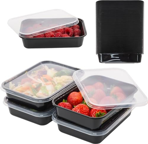 Coselena 50Pcs Black Plastic Meal Prep Containers with Lids - Microwave Safe, Freezer Storage, 500ml