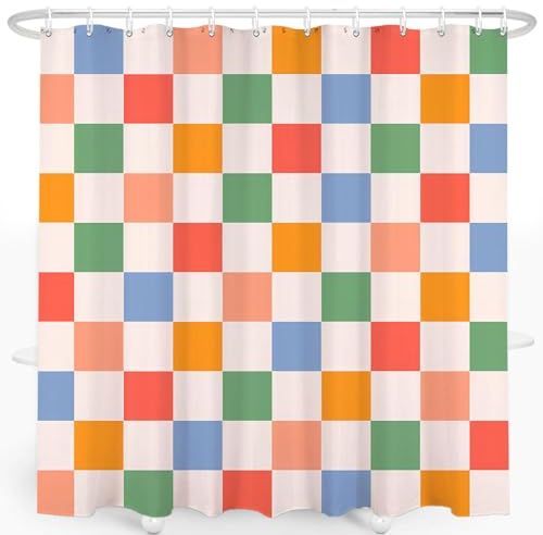 oflok Karierter Duschvorhang, Retro, Vintage, 60er und 70er Jahre, Duschvorhang, Vintage, waschbar, wasserdicht, Stoff, Badvorhänge-Set für Badezimmer-Dekor mit 12 Haken, 183 x 183 cm (03)