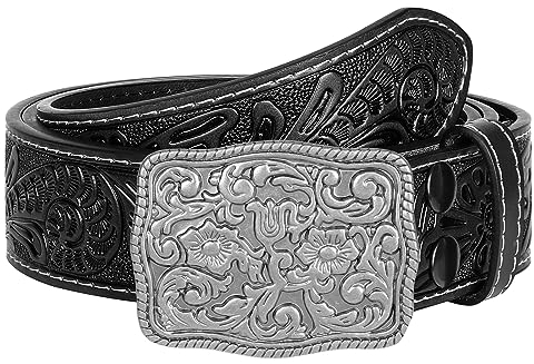 LEACOOLKEY Western Gürtel für Männer Frauen Cowgirl Cowboy geprägte gravierte Tooled Ledergürtel mit Schnalle für Jeans Hosen Rodeo