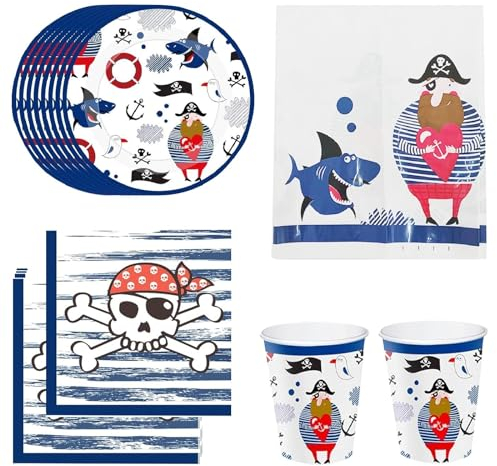 Vajilla Cumpleaños Pirata Platos de Fiesta para 16 Invitados, Vajilla de Pirata para Fiesta de Halloween, Platos Papel Vajilla de Fiesta Pirata Platos y Vasos para Cumpleaños