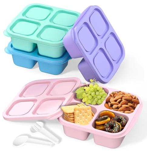 MEEYUU 4 Pack Snack Containers, 4 Compartments Bento Snack Box, Reusable Meal Prep Lunch Containers for Kids Adults, Divided Food Storage Containers for School Work Travel (Green/Blue/Pink/Purple)