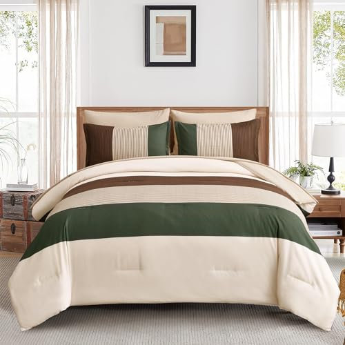 Anibedding Gestreiftes Bettdecken-Set für Queen-Size-Betten, Boho-Bettwäsche-Set, 7-teiliges Bett in einer Tasche, weiche Mikrofaser-Daunen-Alternative, Bauernhaus-Bettwäsche-Set für alle Jahreszeiten