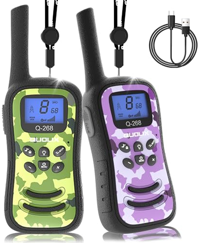 QUOLIX Talkie Walkie Rechargeables pour Enfants, Camouflage Talkies-Walkies Radio 2 Voies Longue Portée 8 Canaux avec Fonction Vox,Cadeau pour Filles Garçons de 3 à 12 Ans (Vert+Violet)