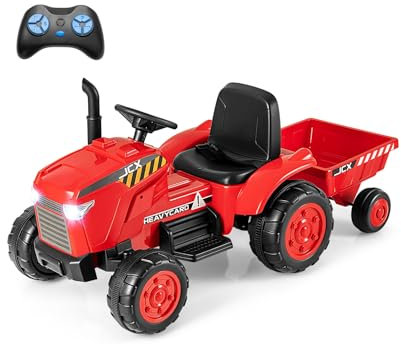 DREAMADE Traktor mit Anhänger, 12V Kindertraktor mit Fernsteuerung, Musik, USB, Lichtern & Hupe, Traktor Kinder zu Fahren, Elektrotraktor für Kinder ab 3 Jahren (Rot)