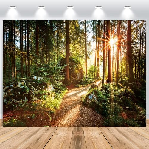 ASDCXZ Forêt Toile de Fond 2,2 x 1,5 m, Nature Verte Jungle forêt Paysage Naturel Soleil Camping extérieur Vinyle Fond de Photographie Anniversaire fête prénatale Accessoires de Studio Photo