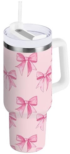 Oarencol 40 oz Tumbler with Handle Cute Pink Bow Insulated Water Bottle with Straw Lid Vacuum Insulated Stainless Steel Travel Coffee Mug