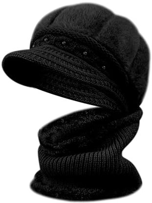 Mütze Herren Sommer Damen Gestrickt Warm Becken Hut Gepolsterte Baumwolle Hut Plüsch Hut + Schal Zwei Sets Hüte für Mann, Schwarz , Einheitsgröße