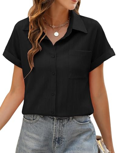 PASUDA Womens Blouse Summer Tops Short Sleeve Button Down Tee Shirts V Neck Elegant Solid Color Work Casual Ladies Tops Loose Basic Tunic Tops (Black, M)
