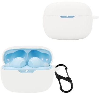 KZIOACSH Silicone Case for JBL wave Beam 2, Ultra Slim Anti-Scratch Anti-Lost Protective Earbuds Case Lightweight Washable Sumdge-Proof Earphone Skin Cover with Carabiner for JBL wave Beam 2, White