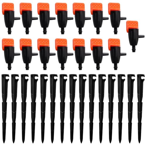 VooGenzek 15 Piezas Goteros de Riego Ajustables y 15 Piezas Riego por Goteo Estacas para Tubo 4/7 mm, Aspersores de Riego por Microgoteo, Boquilla Ajustable de Riego de Jardín, para Césped, Jardín