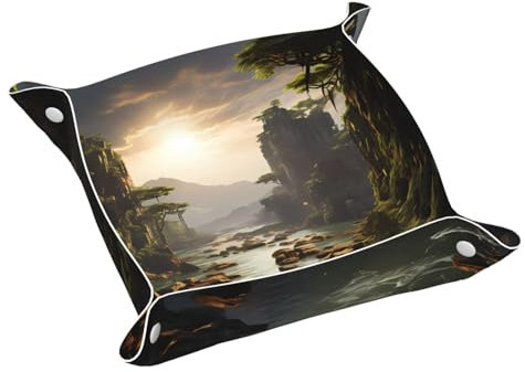 WZYWHJ Plateau de rangement en cuir pour table de chevet, bureau, coiffeuse et plus encore – Facile à nettoyer, motifs montagnes et rivières