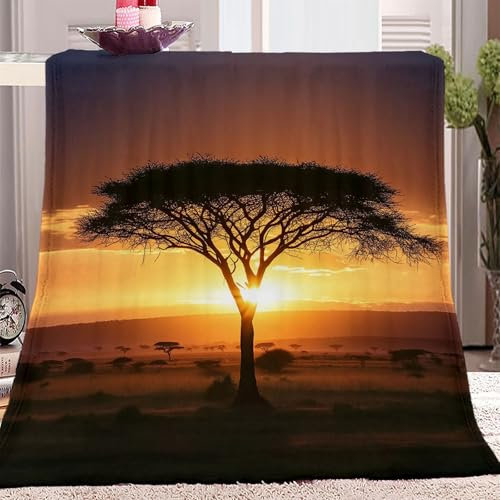 Flanelldecken mit Aufdruck, Einsamer akazienbaum in Afrika, Decke 130 x 150 cm für Herbst und Winter, für Männer, Frauen und Erwachsene, dekorative Decke für Bett und Couch Gelb