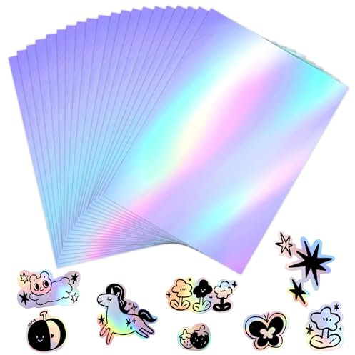 Rairsky 20 hojas de papel adhesivo holográfico imprimible A4, papel holográfico autoadhesivo, papel holográfico transparente, impermeable, para calcomanías de manualidades, álbumes de recortes,
