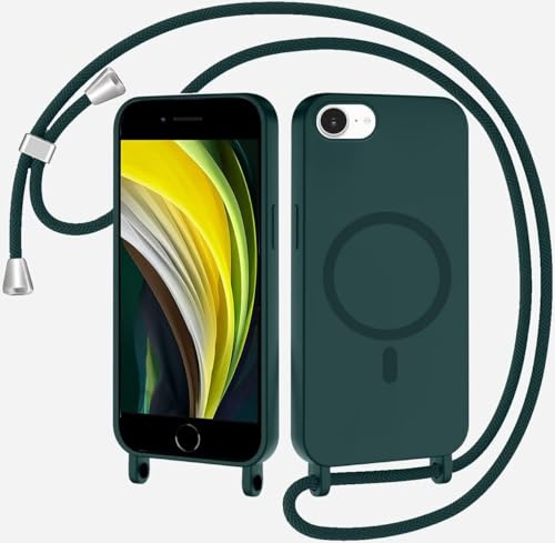 SLWYF Magnetische Handykette für iPhone 6/7/8/SE 2020 Hülle mit Band, Handyhülle Kompatibel mit MagSafe, Silikon Seil Necklace Handyhülle PU Stoßfest mit Abnehmbar Kordel zum Umhängen Case -Dunkelgrün