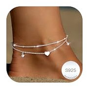 LOLIAS Fußkettchen für Damen Silber 925 Layered Fussketten für Frauen Silber 925 Wasserdicht Fußkette Damen Herz Fusskettchen Silber 925 Damen Sommer Strand Schmuck Geschenk
