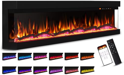 Mexhom 72-183cm Elektrokamin 3-seitiges Glas Eingebauter Elektrischer Kamin，13 Mehrfarbige Flammen, Heizung, DIY Kristall & Log Set, Smart App & Fernbedienung
