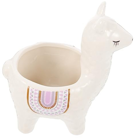 Happyyami Pot de Fleurs en Céramique Blanc Motif Alpaga Facile à Utiliser et Déplacer pour Plantes Succulentes pour Bureau ou Bureau