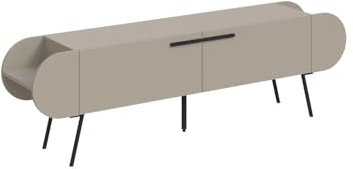 FWStyle Capsule TV Stand in Sandstone – 2 Door Media Unit with Side Shelves - Modern Design & Black Metal Legs – Stylish Storage for Living Rooms and Bedrooms