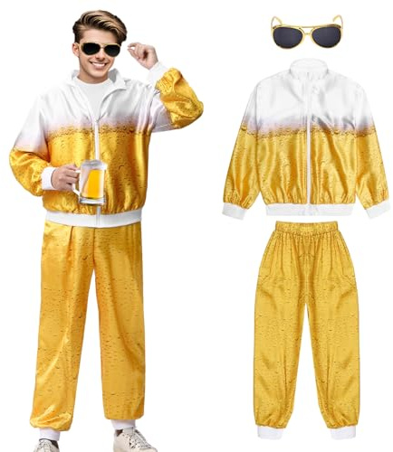 Celvibe 80er Jahre Outfit Damen Herren, 80er 90er Kostüm Trainingsanzug Jacke Hose Party Accessoires, Retro Anzug Karneval Kostüm Herren für Faschingskostüm Karneval (Gelb, M)