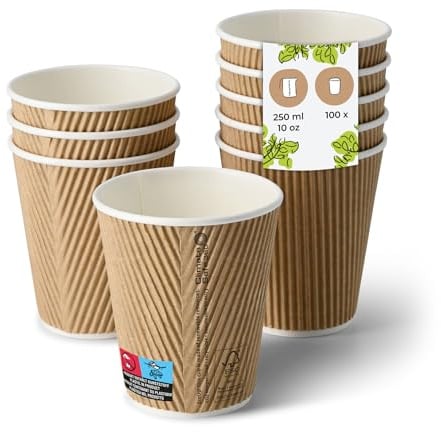 BIOZOYG Riffelbecher 100 Stück 250 ml / 10 oz, 90 mm, braun, innen weiß - Becher für Heißgetränke - Kaffeebecher to go aus Pappe - Einwegbecher, Alternative zu Styroporbecher