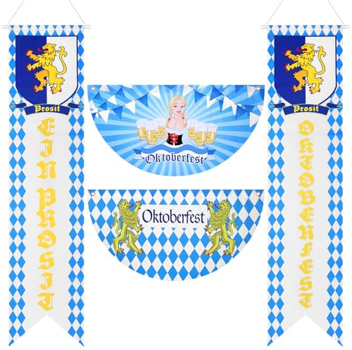 4 Stück Oktoberfest Banner Deko Set 45 x 90 cm Bayerische Fächerflagge | Oktoberfest Party Zubehör Blau Weiß Wiesn Dekoration zum Aufhängen für Indoor Outdoor Bierzelten Garten Zaun Veranda Hof