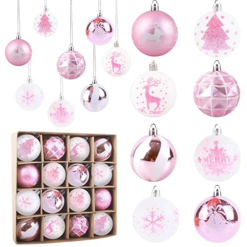 Aitsite 16 Stück Christbaumkugeln Weiß Rosa, 6CM Weihnachtskugeln Kunststoff mit Aufhängen Bruchsicher Ornamente Weihnachtsbaumschmuck Weihnachtsbaum Kugeln für Weihnachtsdeko Innen Aussen