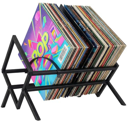 Calolin Vinyl Record Storage Rack, Metal Album Organizer with Angled Display, Sturdy Record Stand Holder with Scratch-Proof Feet and Adjustable Position, Black