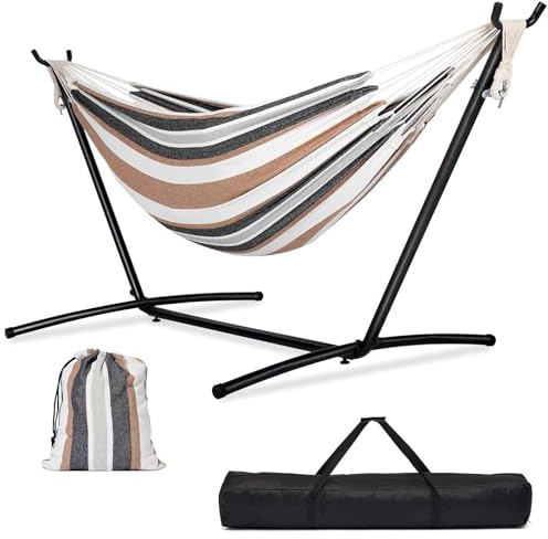 Zupapa Double Canvas Hammock with Steel Stand - 200kg (441 lbs) Capacity, with Storage Bag for Indoor/Outdoor Garden, Patio, Deck, Yard & Balcony, Brown