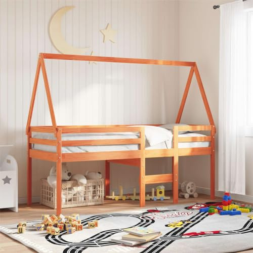 QJBSAVVA Hochbett 90x190 Kiefer Massivholz Wachsbraun mit Dachgestell 195,5x95,5x89 cm, Modernes Design & sichere Leiter für Kids, platzsparendes Jugendzimmer Loftbett