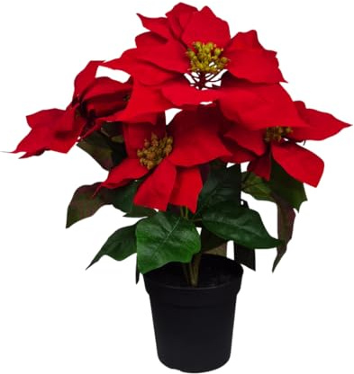 GreenBrokers Artificial Red Poinsettia Christmas Flower Plant in Pot 46cm/18in