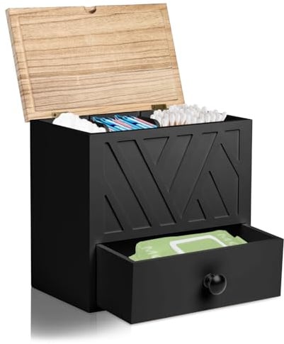 Binden Aufbewahrung Badezimmer,3 Fächer Tamponhalter mit Schubladen und Deckel,Vielseitige Tampon Aufbewahrungsbox Femininer Produkt-Organizer,Holz Aufbewahrungsbox Hygieneartikel (Schwarz)