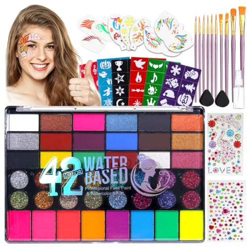 Kit Maquillage Visage et Corps 42 Couleurs, Peinture à l’Eau avec Pinceaux et Accessoires, Body Painting pour Cosplay, Théâtre, Carnaval, Halloween, +14 ans