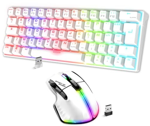 Spirit Of Gamer, Pack Clavier Souris Gamer Sans Fil & Bluetooth, Clavier Gaming TKL AZERTY Ultra Compact 60%, Switches Rouges Mécaniques Anti-Ghosting, Souris 8 Boutons Programmables dont 1 Rapid Fire
