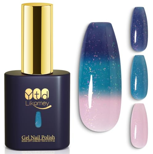 YTD Likomey Iridescent Flakes Color Changing Gel Nail Polish,Triple Thermal 15ml Light Pink-Dusty Blue-Navy Blue Temperature Mood Sparkly Glitter Ombre Gradient UV Nail Gel,WB611