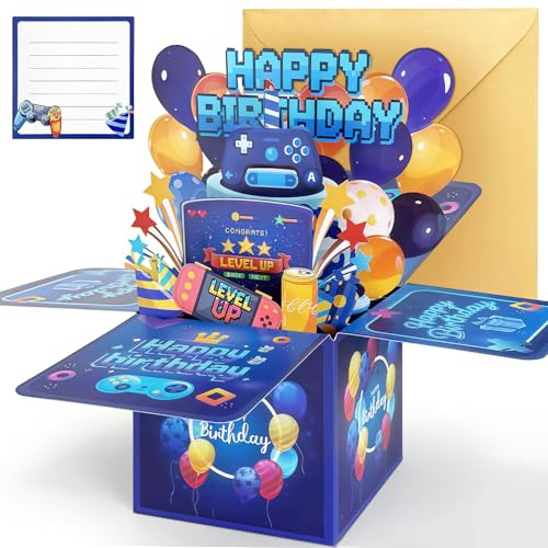 Hierein Boys Birthday Cards, 3D Gifts Box Pop Up Birthday Card for Gamer | Video Gamer Birthday Gifts for Son Grandson Brother Nephew, Greeting Cards with Envelope and Notecard