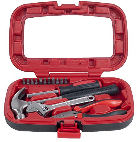 15-Piece Tool Set - Household Tool Kit with Hammer, Multi-Bit Screwdriver Set, Pliers, Wrench- Tools and Equipment for DIY Projects by Stalwart (Red)