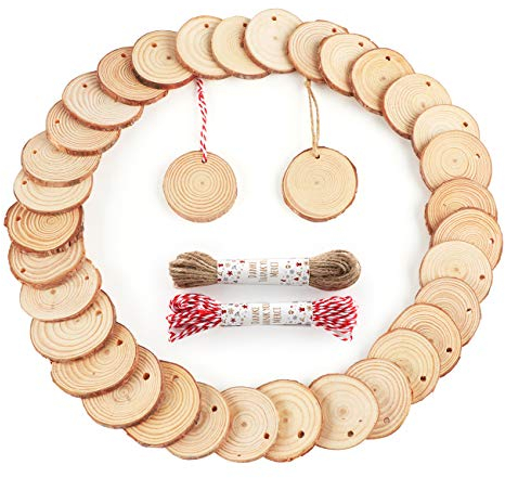 ilauke Holzscheiben mit Loch, Holz Log Scheiben mit Nnatürliche Jute Seil für DIY Handwerk Holz-Scheiben Hochzeit Mittelstücke Weihnachten Dekoration Baumscheibe (60st, 4-5cm)
