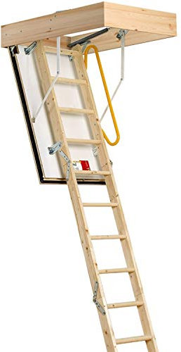 3 Section FIRE RATED (EL230) Timber Folding Loft Ladder & Handle Kit – Door Hatch & Frame – 2.75m Floor to Ceiling Max Height – 550mm Swing Clearance – 12 Tread Attic Access Steps/Stairs