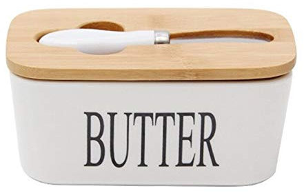 Butter Sealed Ceramic Box with Butter White Plate Wooden Lid and Knife Cheese Butter Container Tray