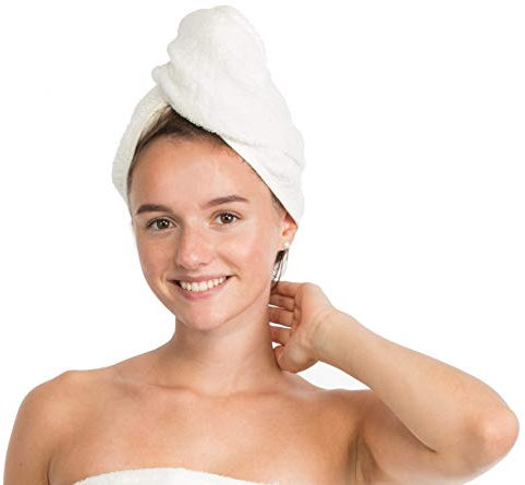 Brandsseller Asciugacapelli turbante per capelli con bottone, 100% cotone, colore panna/bianco