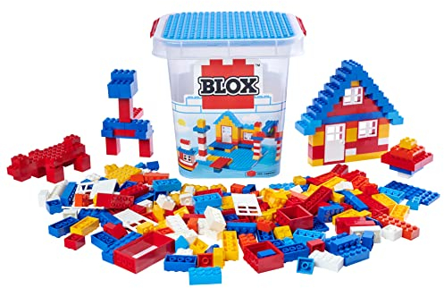 Simba 104114518 - Blox 250 Bausteine im Eimer, für Kinder ab 3 Jahren, Verschiedene Steine, 8 Fenster, 4 Türen, mit Grundplatte, vollkompatibel, farblich gemischt