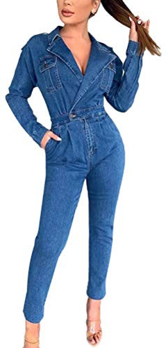 Minetom Donne Jeans Tutine Primavera Autunno Una Manica Lunga Tuta Denim Romper Jeans Salopette Denim Overall Jumpsuit con Cintura D Blu Scuro XL