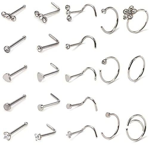 VANANA 20G Nose Rings & Studs - Stainless Steel Hoop Set with CZ Stones - 21PCS for Women & Men