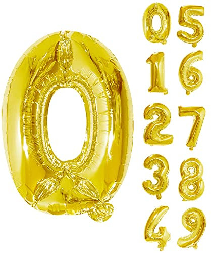 Trimming Shop 16-Inch Small Gold Number 0 Foil Balloon - Reusable Air Fillable Digit 0-9 Foil Balloons for Birthday, Wedding, Anniversary, Celebration, Party Decorations Supplies